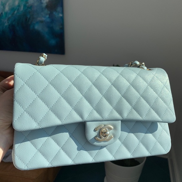 22P CHANEL Medium Classic Double Flap Bag Light Blue Caviar LGHW NWT - Picture 11 of 17